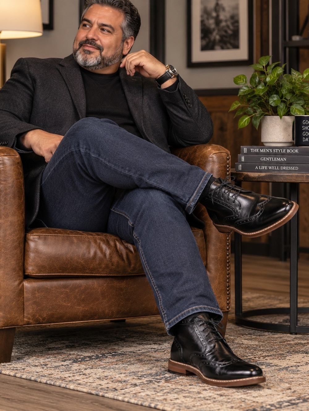Stacy Adams Black Leather Wingtip Boots with Brown Sole